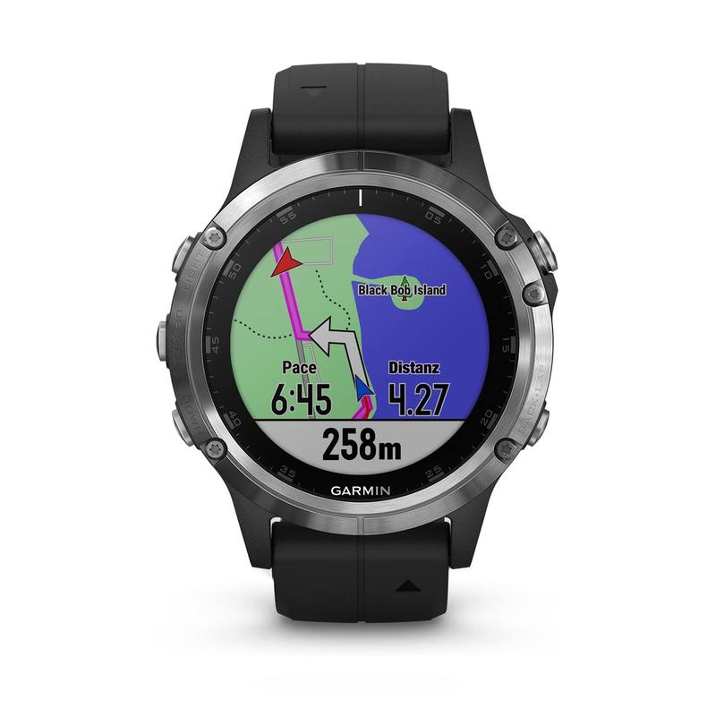 Garmin Fenix 5 Plus silbernes Gehäuse schwarzes Silikonarmband