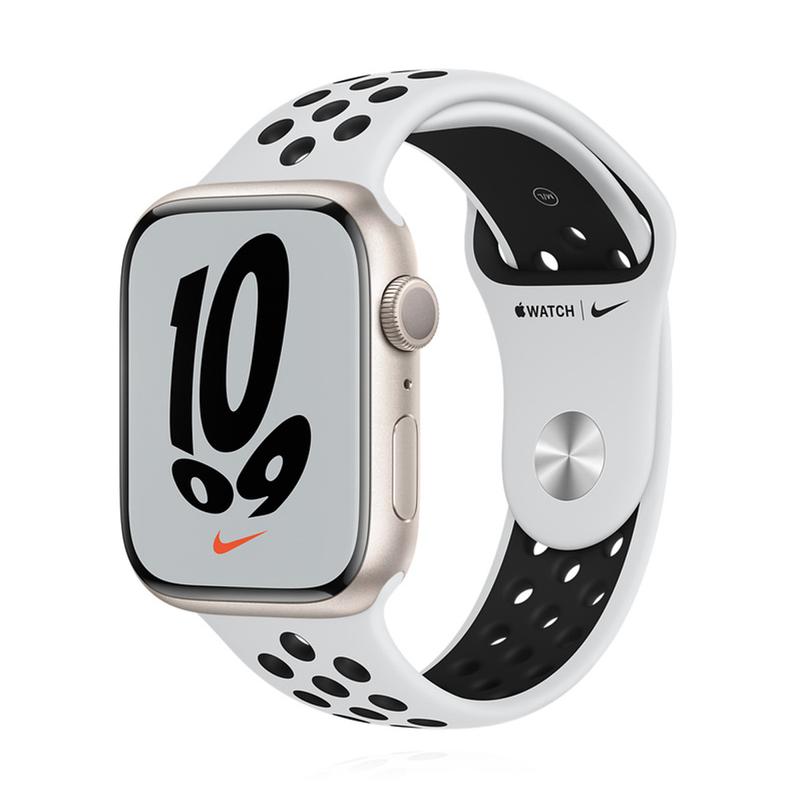 Apple WATCH Nike Series 7 45mm GPS Aluminiumgehäuse Polarstern Sportarmband Pure Platinum Black 