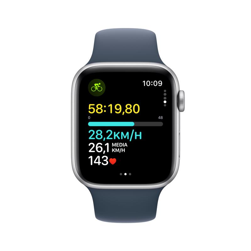 Apple WATCH SE (2023) 44mm GPS Aluminiumgehäuse Silber Sportarmband Sturmblau S/M